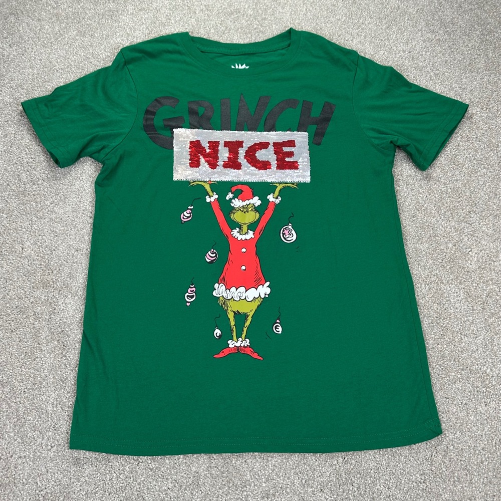 The Grinch Kids Large T-Shirt Green Flip Sequin Naughty Nice Christmas Holiday
